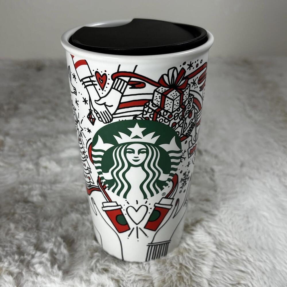 Starbucks Holiday Ceramic Travel Mug 12 oz Red White Green Tumbler w/ Lid